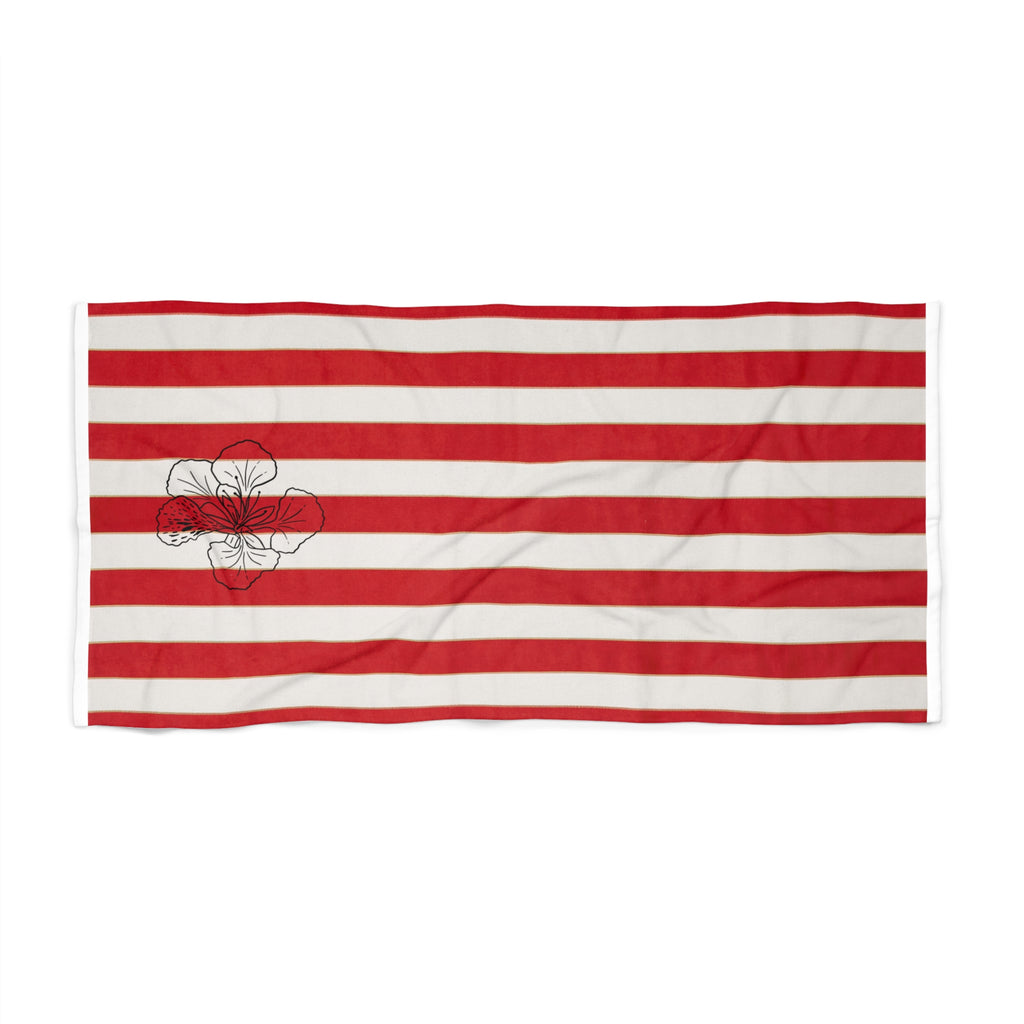 Rouge des îles -- Red Striped Beach Towel with Floral Accent