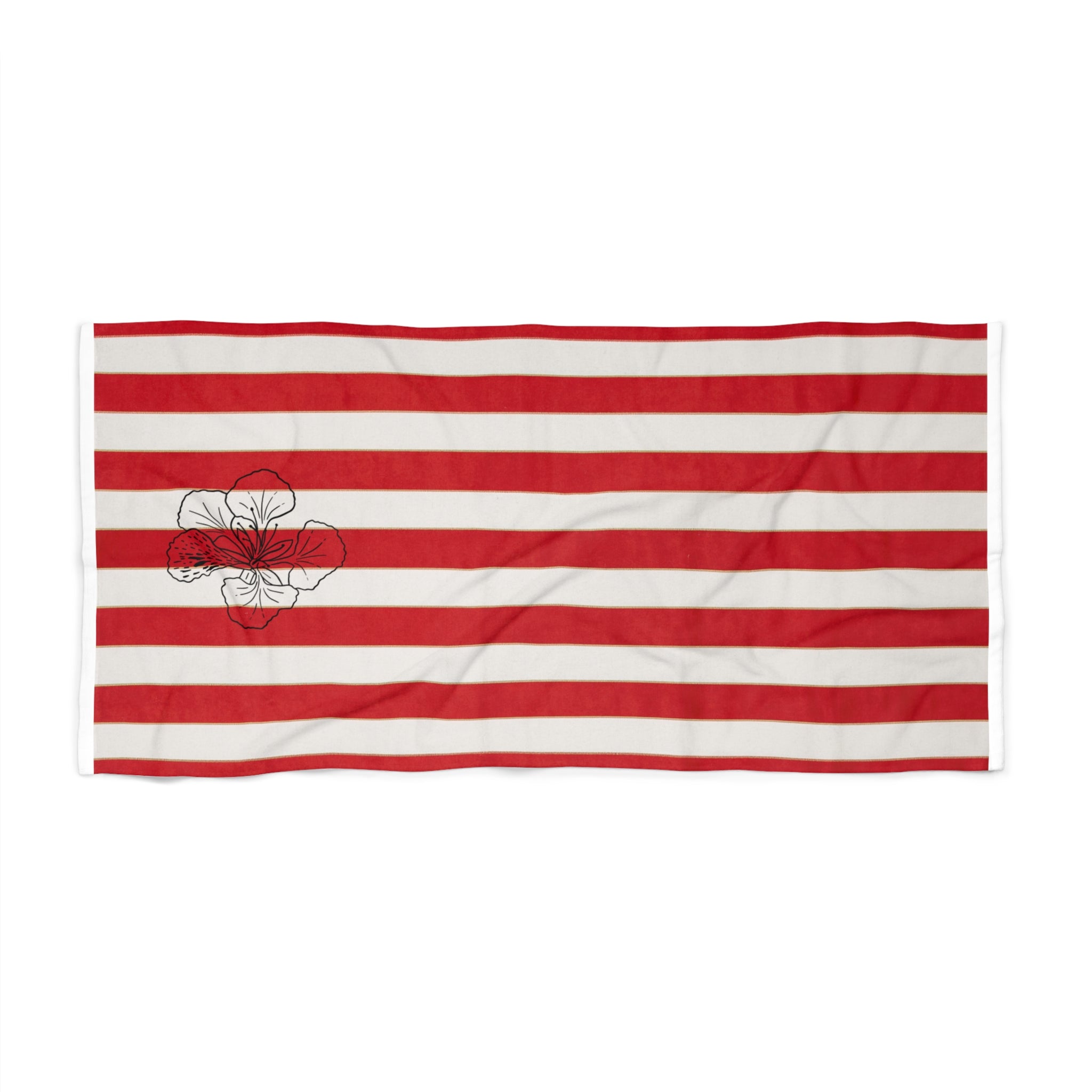Rouge des îles -- Red Striped Beach Towel with Floral Accent
