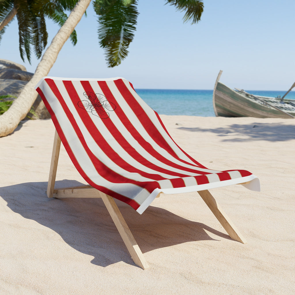 Rouge des îles -- Red Striped Beach Towel with Floral Accent