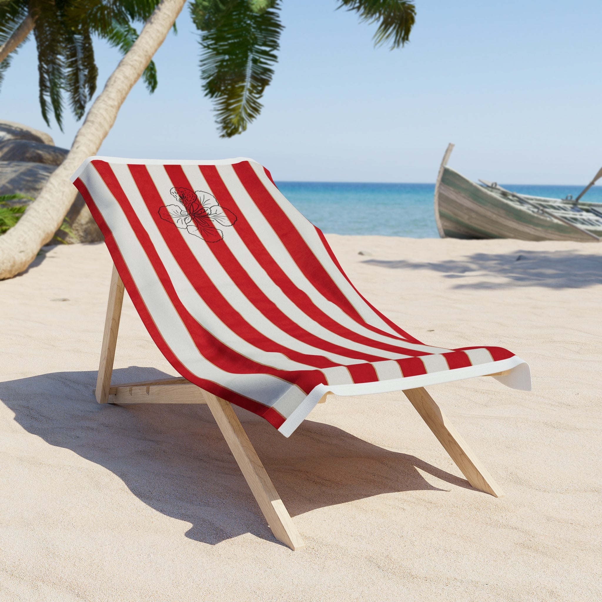 Rouge des îles -- Red Striped Beach Towel with Floral Accent