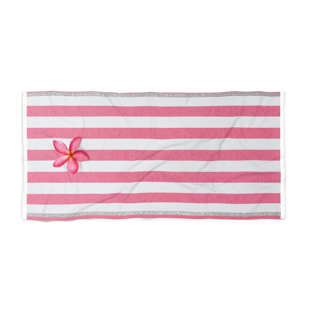 Fleur d'été -- Pink Striped Beach Towel with Plumeria Blossom