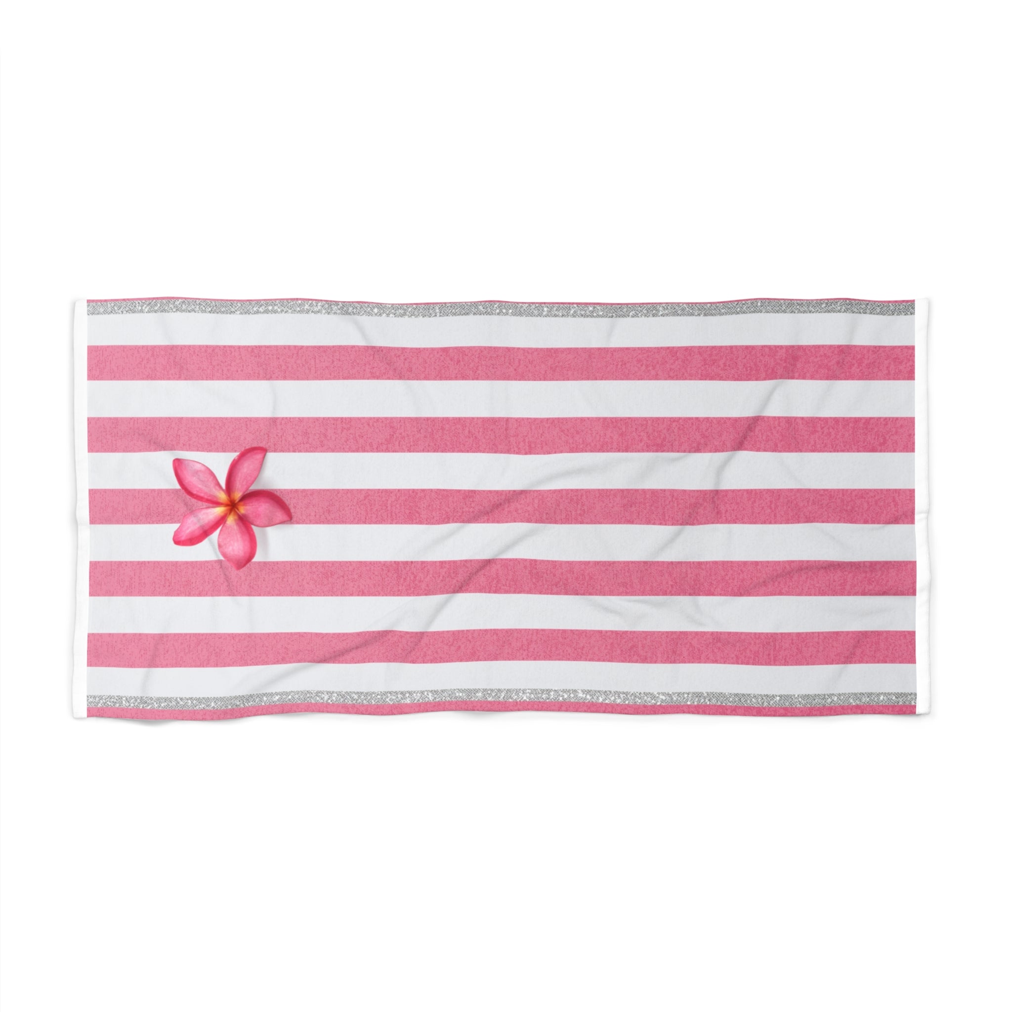 Fleur d'été -- Pink Striped Beach Towel with Plumeria Blossom