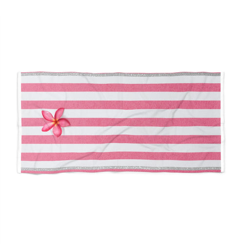 Fleur d'été -- Pink Striped Beach Towel with Plumeria Blossom